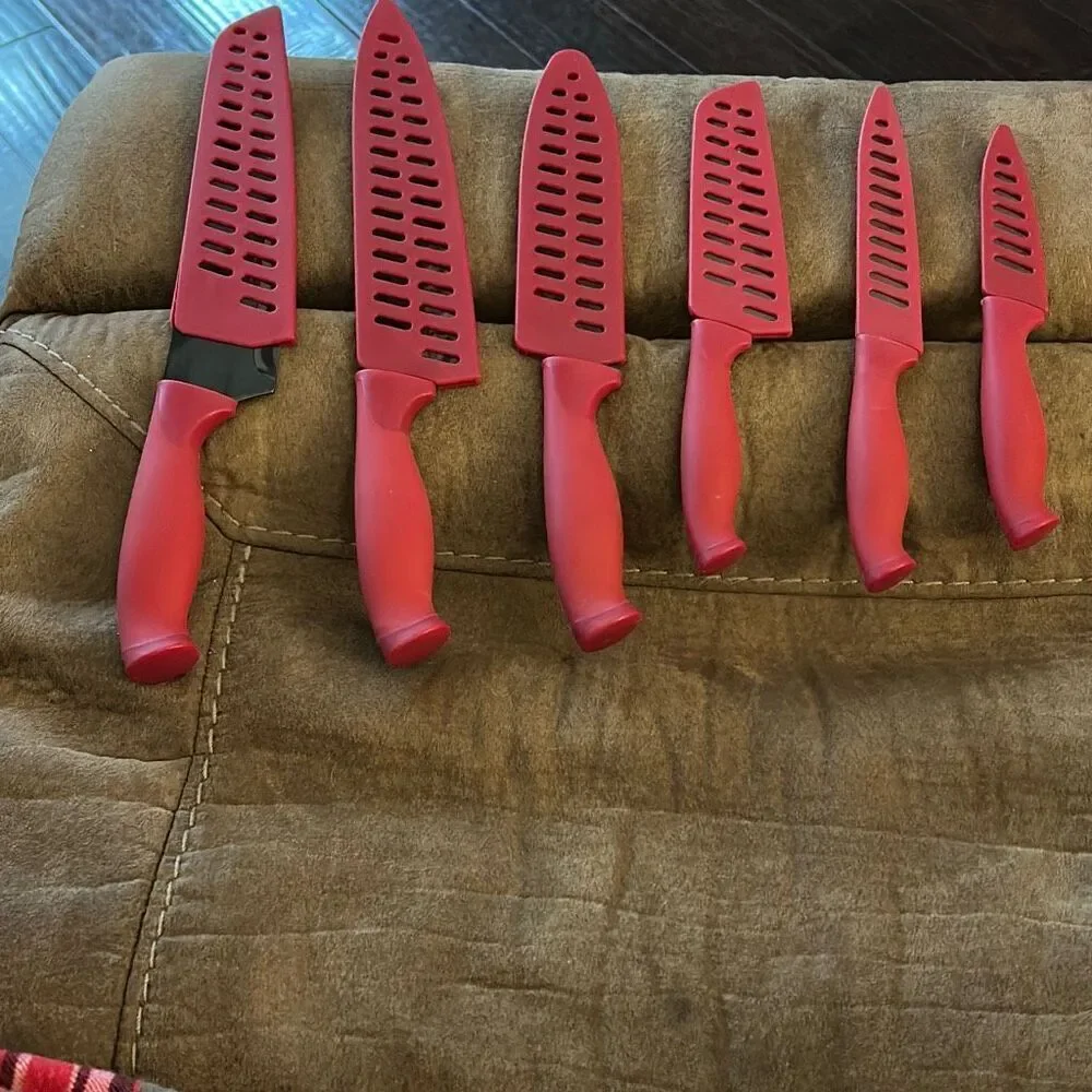 Set of Six Cooking Light Knives with a Kleva Sharp Knife Sharpener. Red.